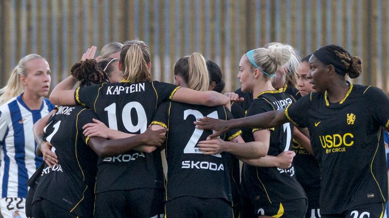 Chelsea players celebrate beating Real Sociedad to reach the league phase of the Women's Champions League