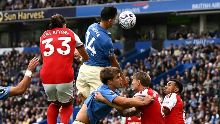 Chema Andres heads Brighton into a 3-0 lead against Arsenal