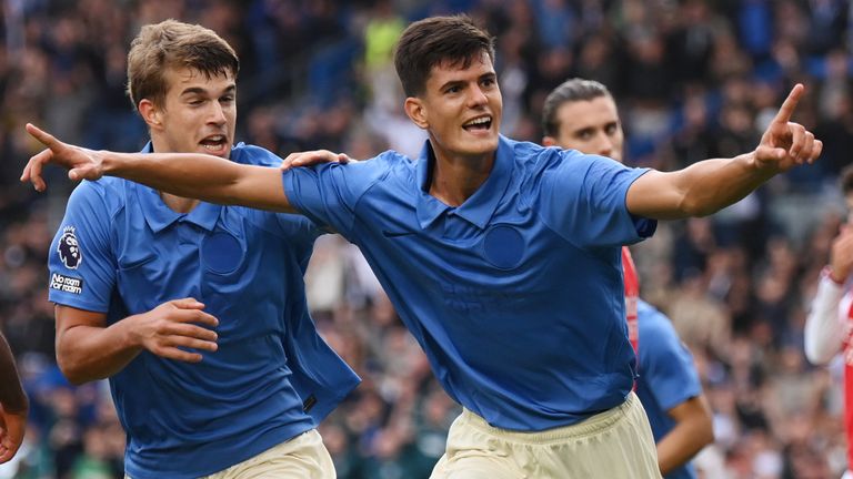Chema Andres celebrates after heading Brighton into a 3-0 lead against Arsenal