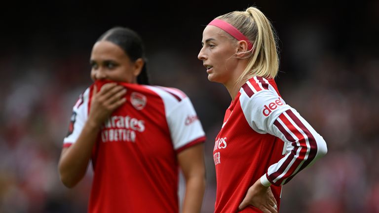 Arsenal's Chloe Kelly and team-mate Lisa Baum look on during the 0-0 draw with Crystal Palace