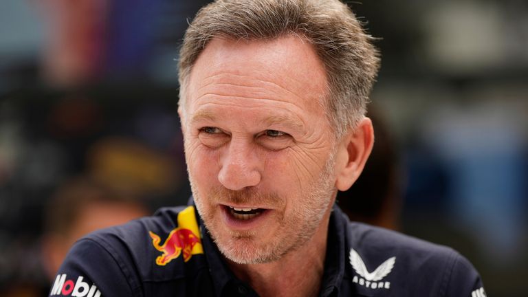 FILE - Red Bull team principal Christian Horner sits outside the team garage at the Australian Formula One Grand Prix at Albert Park, in Melbourne, Australia, Saturday, March 15, 2025. (AP Photo/Asanka Brendon Ratnayake, File)
