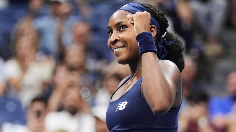 Coco Gauff, of the United States, reacts after winning her match against Zeynep Sonmez, of Turkey, during the first round of the U.S. Open t