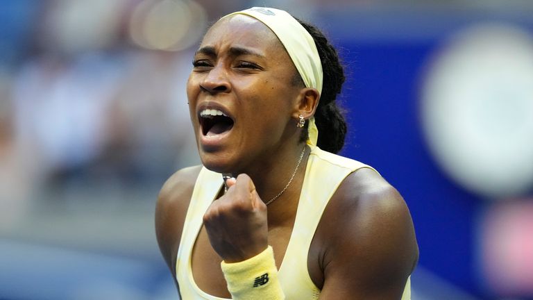Coco Gauff, of the United States, reacts after she won her match against Cristina Bucsa, of Spain, during the third round of the U.S. Open t