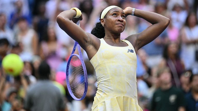 USA's Coco Gauff celebrates after defeating Spain's Cristina Bucsa at the conclusion of their women's singles third round tennis match on da