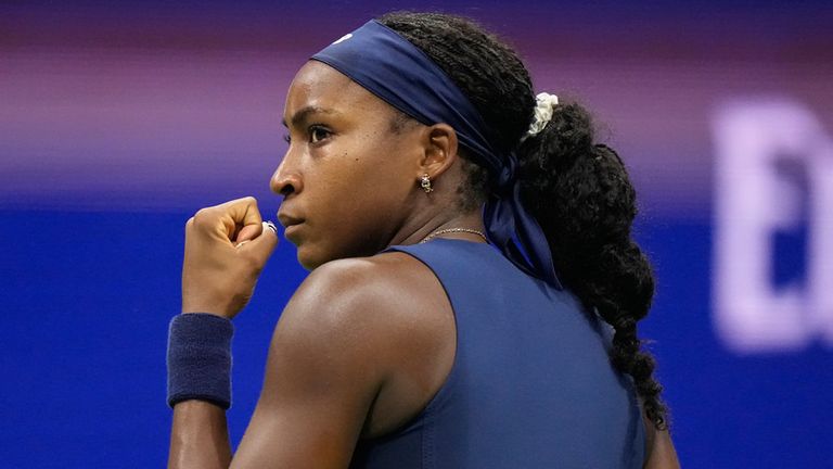 Coco Gauff, of the United States, reacts during the fourth round of the U.S. Open tennis championships against Iva Jovic, of the United States, Monday, Sept. 7, 2026, in New York. (AP Photo/Frank Franklin II)