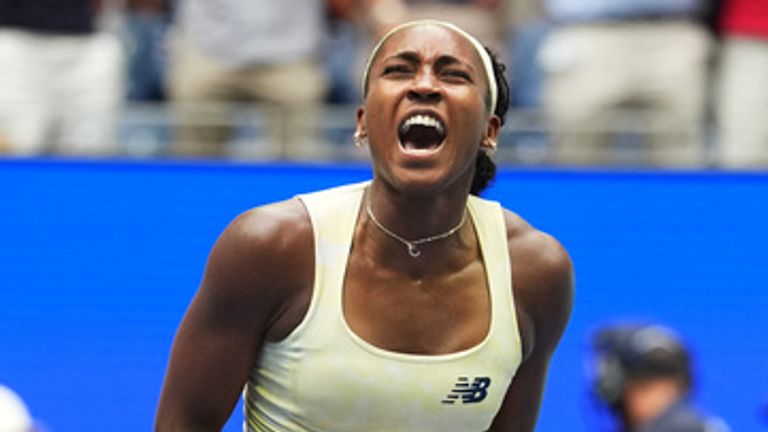 Coco Gauff, of the United States, celebrates winning a match against Mirra Andreeva, of Russia, during the quarterfinal round of the U.S. Open tennis championships, Wednesday, Sept. 9, 2026, in New York. (AP Photo/Kirsty Wigglesworth)