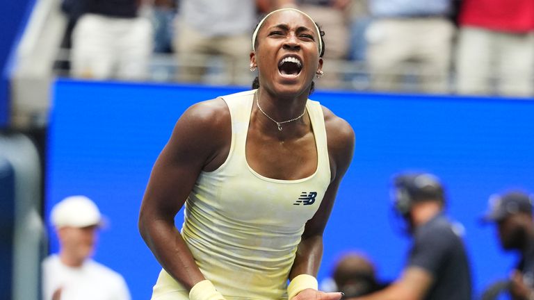 Coco Gauff, of the United States, celebrates winning a match against Mirra Andreeva, of Russia, during the quarterfinal round of the U.S. Op