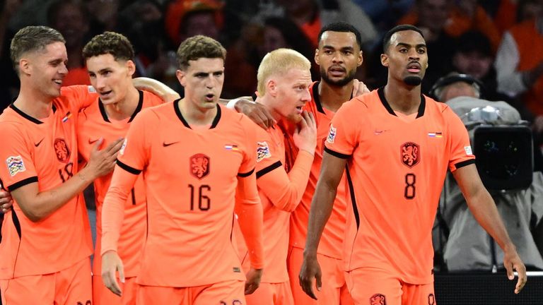1:1 Goal, celebration, from left: Joey Veerman, Ruben van Bommel, Guus Til, Mexx Meerdink, goal scorer Cody Gakpo, Ryan Gravenberch (Netherlands) Amsterdam, September 24, 2026, football, UEFA Nations League, group stage, Netherlands - Germany 1:1 Photo by: TimGroothuis/picture-alliance/dpa/AP Images