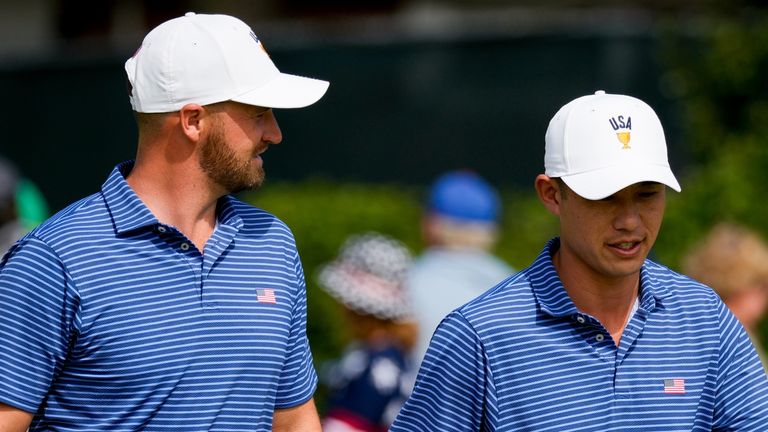 USA teams' Collin Morikawa, right, talks with Wyndham Clark on the third hole during the first round four-ball match at the Presidents Cup