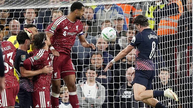 Connor Gallagher scores a header for Tottenham against Liverpool in the Caraboa Cup on September 15 