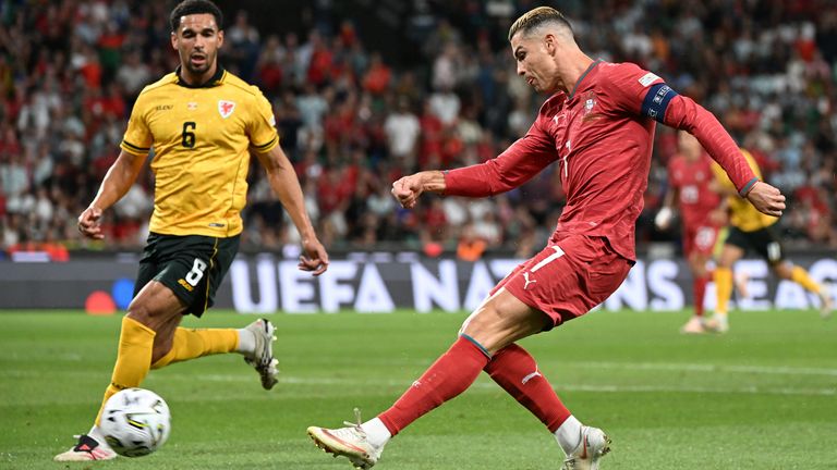 Cristiano Ronaldo has a shot against Wales for Portugal