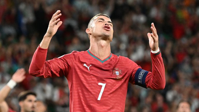 Portugal's Cristiano Ronaldo reacts to a missed chance during the UEFA Nations League, League A match at the Jose Alvalade Stadium in Lisbon