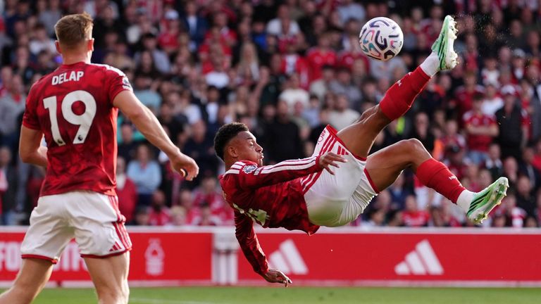 Dan Ndoye attempts an overhead kick at the City Ground