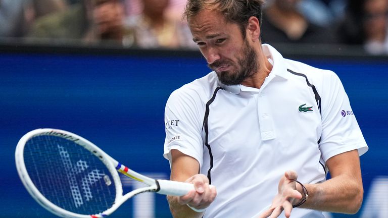 Daniil Medvedev, of Russia, returns the ball to Frances Tiafoe, of the United States, during the fourth round of the U.S. Open tennis champi