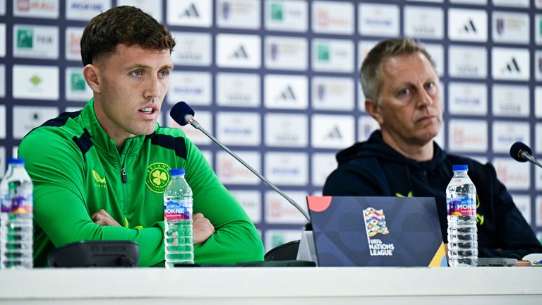 Dara O’Shea, left, and head coach Heimir Hallgrimsson during Wednesday’s press conference