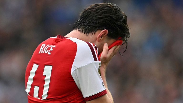 Declan Rice reacts to a decision during Arsenal's 3-0 loss at Brighton