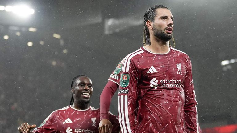 Dominik Szoboszlai celebrates his goal against Tottenham for Liverpool in the Carabao Cup