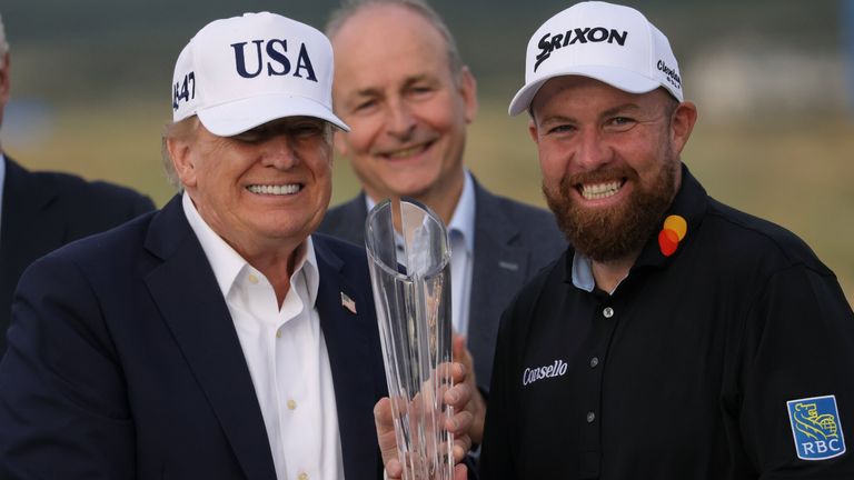 President Donald Trump presents the Irish Open trophy to Shane Lowry 