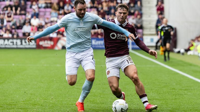 Dundee's Drey Wright (L) and Hearts' Josh McPake (R) battle for possession