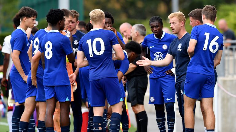 Ed Brand taks to his Chelsea under-18 players during a game in 2022