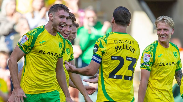 Ruairi McConville celebrates after scoring Norwich's second goal against Bolton