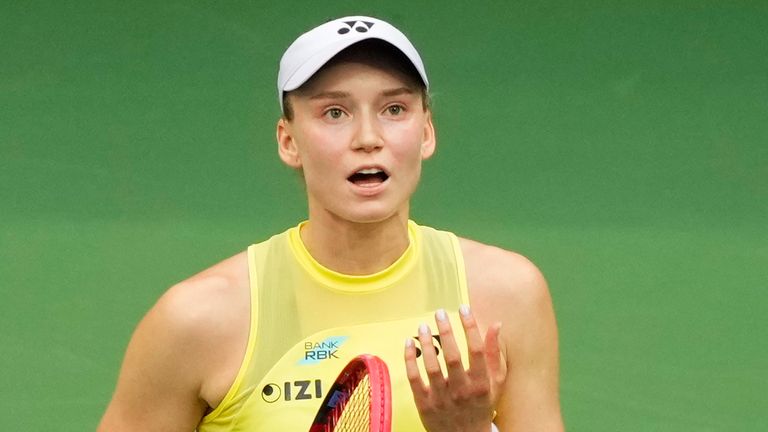 Elena Rybakina, of Kazakhstan, serves the ball to Aryna Sabalenka, of Belarus, during the women's singles final of the U.S. Open tennis cham