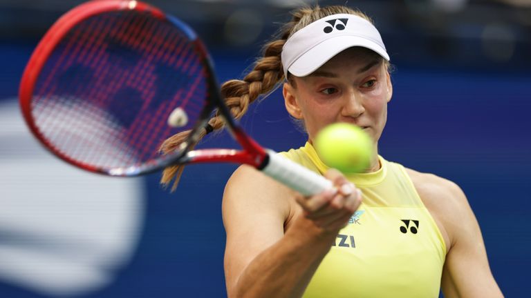 Elena Rybakina, of Kazakhstan, returns the ball to Aryna Sabalenka, of Belarus, during the women's singles final of the U.S. Open tennis cha