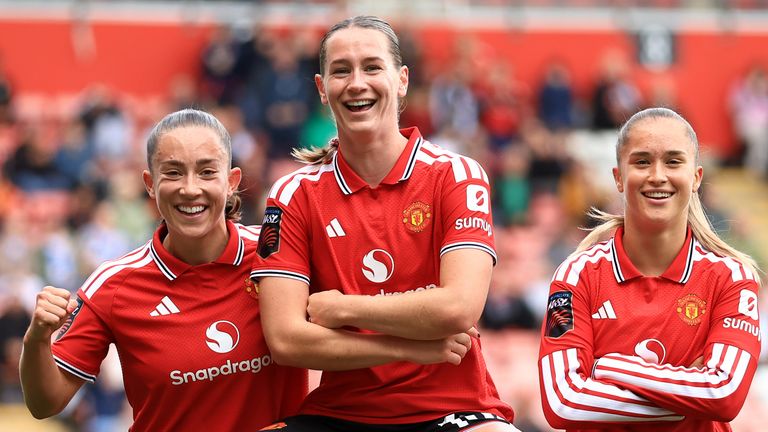 Elisabeth Terland celebrates scoring her goal with team-mates Maya Le Tissier and Andrea Medina
