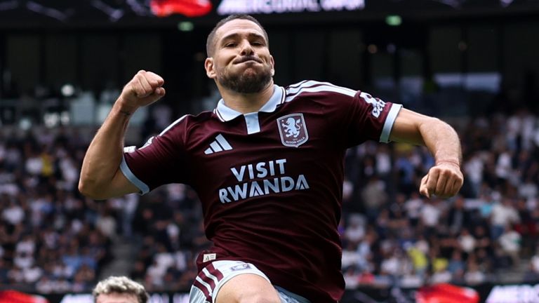 Emi Buendia leaps in celebration after scoring Aston Villa's third goal against Spurs