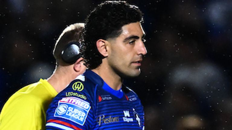 Picture by Olly Hassell/SWpix.com - 18/09/2026 - Rugby League - Betfred Super League Eliminators - Wakefield Trinity v Leigh Leopards - The DIY Kitchens Stadium, Wakefield, England - Emre Guler of Wakefield walks from the field after being shown the red card by Referee Chris Kendall