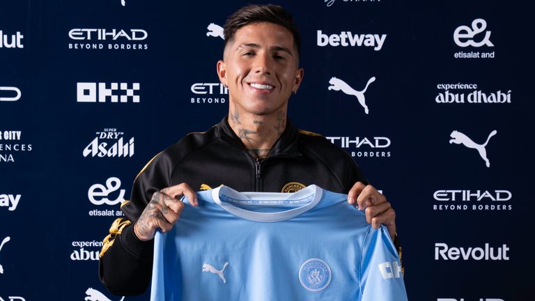 Enzo Fernandez signs for Manchester City at Manchester City Football Academy on September 01, 2026 in Manchester, England. (Photo by Manchester City FC)