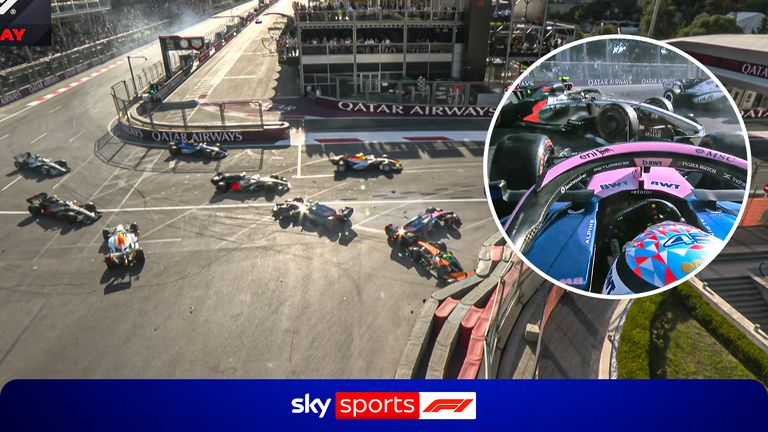 There was carnage on the safety car restart after contact between the Alpine resulted in Lando Norris crashing out of the Azerbaijan Grand Prix.