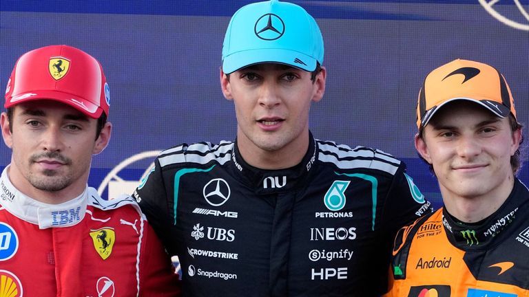 George Russell, Charles Leclerc, Oscar Piastri (AP Photo/Darko Bandic)