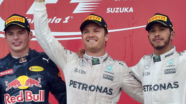Nico Rosberg, Max Verstappen and Lewis Hamilton on the podium at the 2016 Japanese GP (AP)