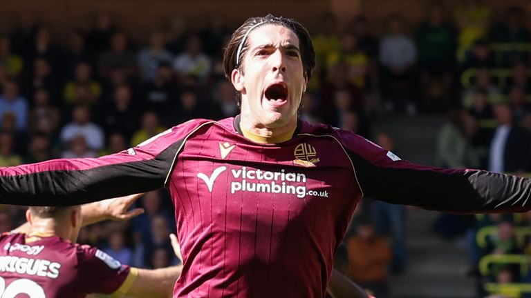 Gaizka Larrazabal celebrates after equalising for Bolton at Carrow Road
