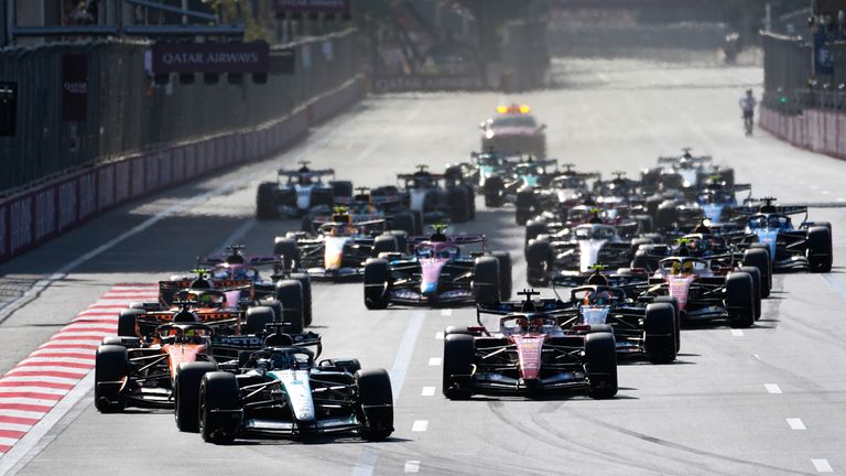 Mercedes driver George Russell of Britain leads the field after the start of the Azerbaijan F1 Grand Prix auto race, in Baku, Azerbaijan, Saturday, Sept. 26, 2026. (AP Photo/Darko Bandic)