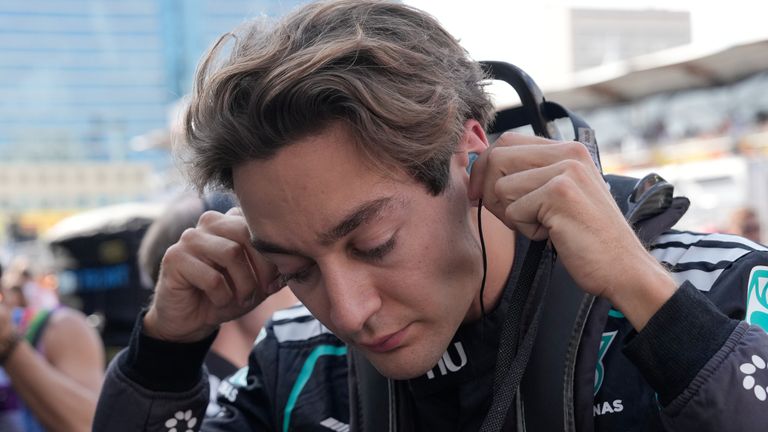 Mercedes driver George Russell of Britain prepares on the starting grid prior to the Azerbaijan F1 Grand Prix auto race, in Baku, Azerbaijan, Saturday, Sept. 26, 2026. (AP Photo/Darko Bandic)