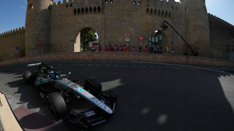 Mercedes driver George Russell of Britain steers his car during the Azerbaijan F1 Grand Prix auto race, in Baku, Azerbaijan, Saturday, Sept. 26, 2026. (AP Photo/Pavel Bednyakov)
