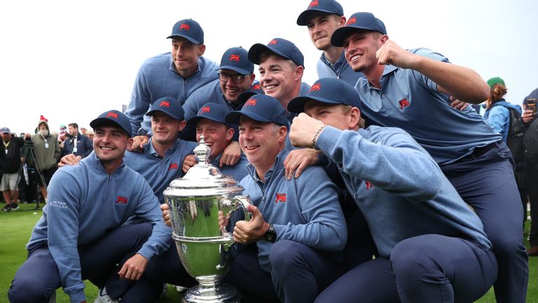 Great Britain and Ireland celebrate after winning the Walker Cup for the first time since 2015