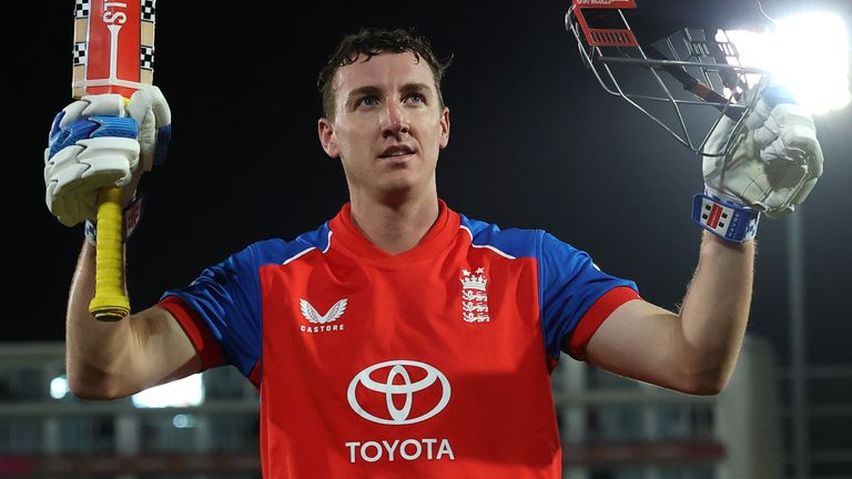 England white-ball captain Harry Brook celebrates his 42-ball T20I hundred against Sri Lanka in Southampton