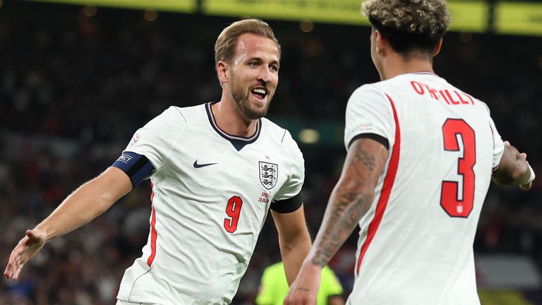 Harry Kane celebrates putting England 2-1 up against Spain in the Nations League