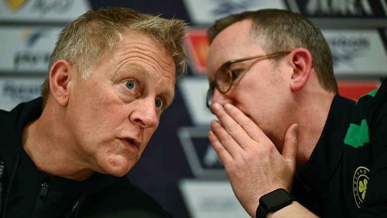 Republic of Ireland head coach Heimir Hallgrimsson and FAI CEO David Courell during a press conference at Nagyerdei Stadion in Debrecen