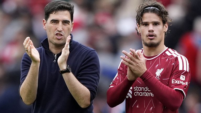 Liverpool manager Andoni Iraola and Milos Kerkez applaud the fans following the Premier League match at Anfield, Liverpool. 