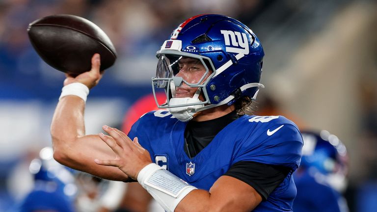 New York Giants quarterback Jaxson Dart (6) passes the ball during an NFL football game against the Dallas Cowboys in East Rutherford, N.J., Sunday, Sept. 13, 2026. (AP Photo/Rusty Jones)