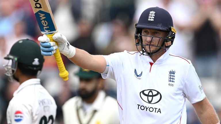England captain Joe Root salutes the crowd after reaching his half century