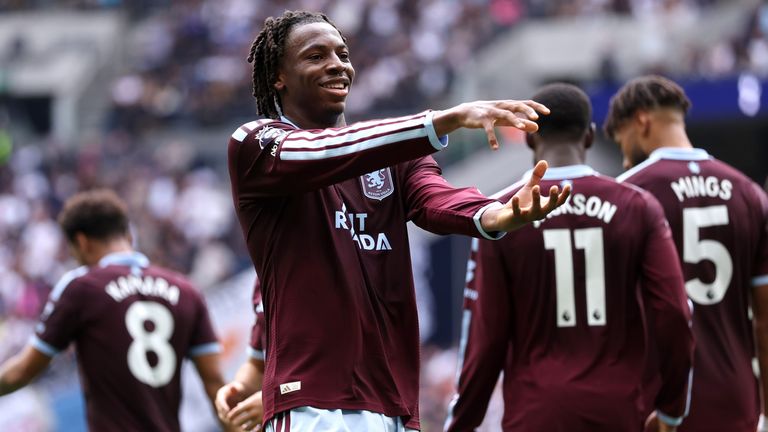 Johan Manzambi celebrates after giving Aston Villa the lead against Spurs