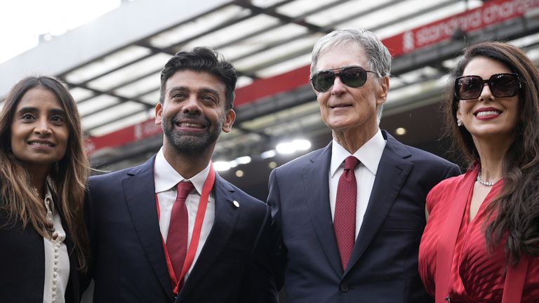 Amit Bhatia and his wife Vanisha Mittal Bhatia (left) with Liverpool owner John W Henry and his wife Linda Puzzuti (right) 