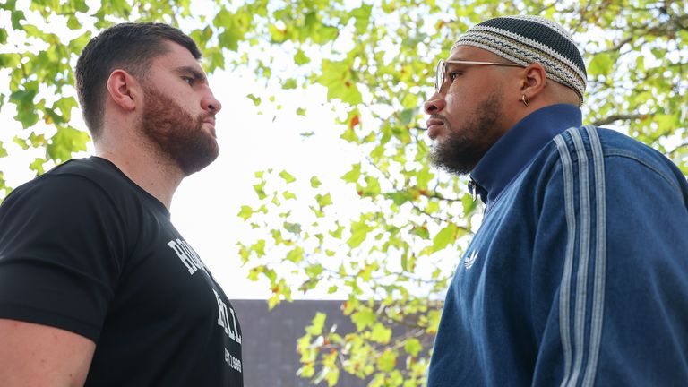 LONDON, ENGLAND - SEPTEMBER 22: Johnny Fisher and Michael Pirotton face-off outside the Copper Box Arena on September 22, 2026 in London, England.  (Photo by Ed Mulholland/Zuffa Boxing/Zuffa Boxing via Getty Images)