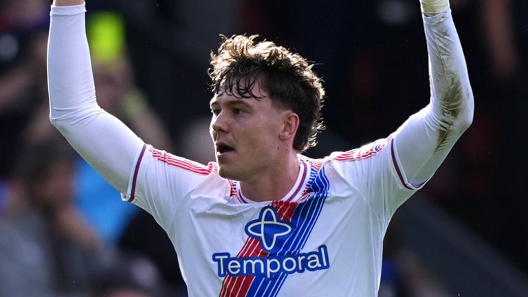 Crystal Palace's Jorgen Strand Larsen celebrates scoring their second goal of the game