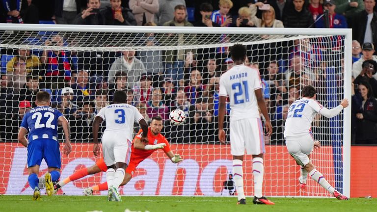 Jorgen Strand Larsen scores Crystal Palace's third goal 